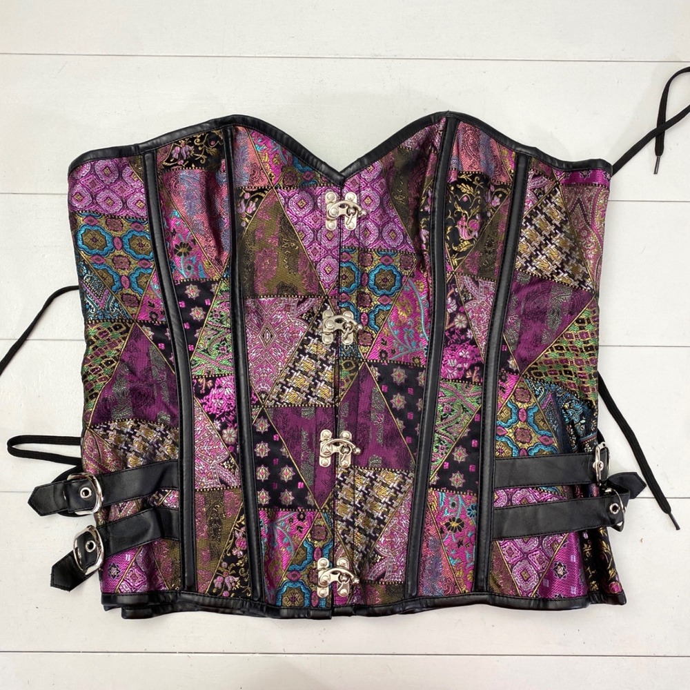 Charmian Patchwork Brocade Corset Top Womens 4XL Purple Steampunk Buckle Goth